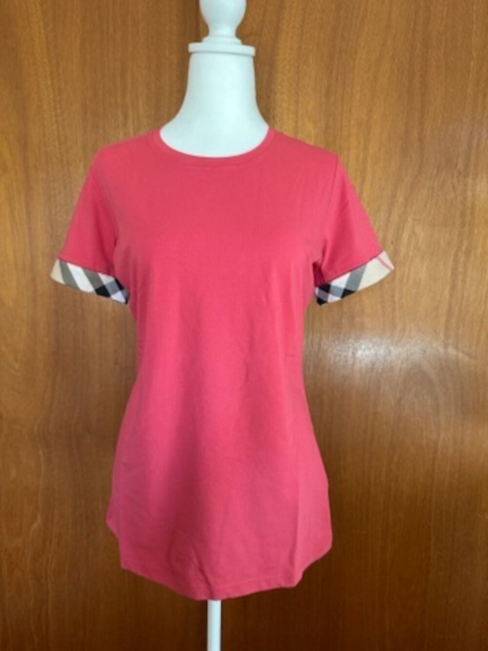 NWT! Burberry Woman's Cotton T-shirt Check Short Sleeve In Bright Rose Size L